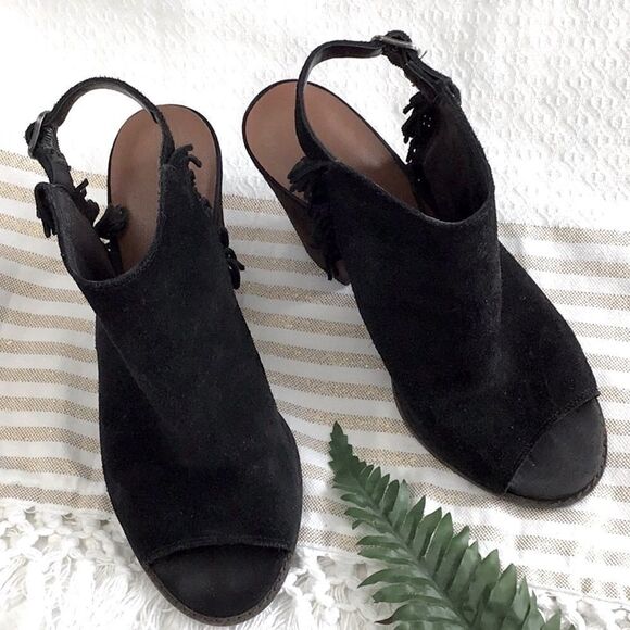 Lucky Brand LANTAU Black Fringe Suede Boho Chic Block Heel Ankle Bootie Sandals - Picture 4 of 15